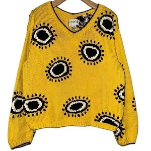 Metro-Motion Vintage Women’s M Yellow Black White Eye Geo Print Cotton Sweater